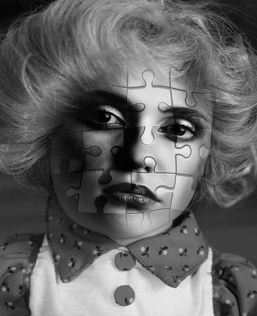 sejas, sieviete, puzzle, psiholoģija, personība, kļūda, dalīties, apvienojoties, skuriel, portrets, acis