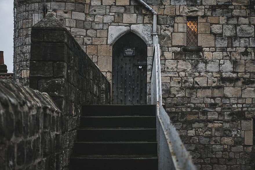 edifício velho, porta, Muralhas da Cidade de York, parede, escadas, passos, corrimão, passarela, porta de madeira, Entrada, parede de pedra