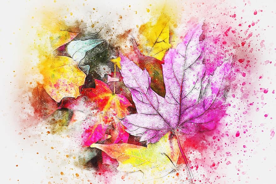 yapraklar, doğa, Sanat, soyut, suluboya, bağbozumu, sonbahar, artistik, dizayn, tişört, boya sıçraması