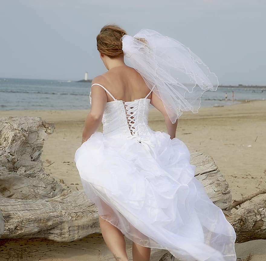 jurk, huwelijk, trouwfoto, witte jurk, trouwjurk, huwelijksfotografie, vrouw, bezit, veters, viering, zand