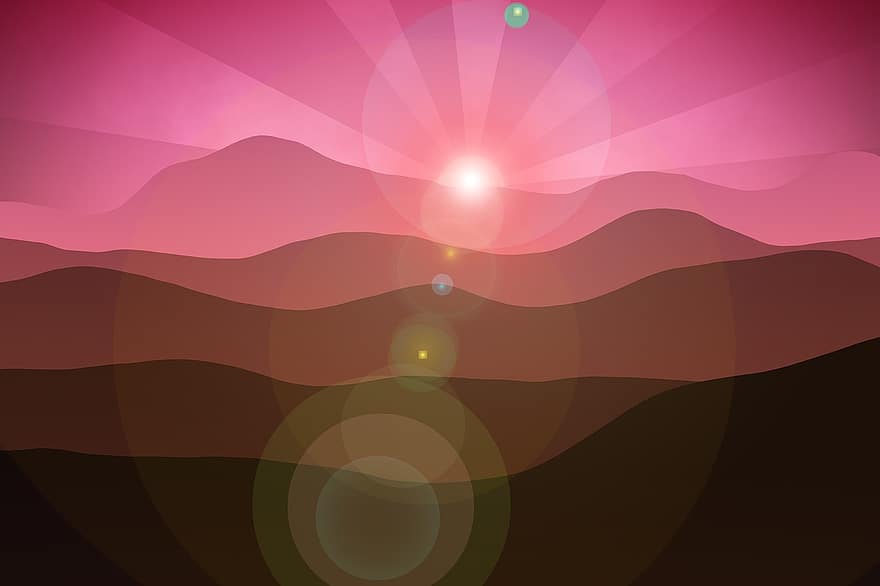 Mountains, Abstract, Mountain Range, Landscape, Artificial, Artwork, Sun, Sunbeam, Pink, Red