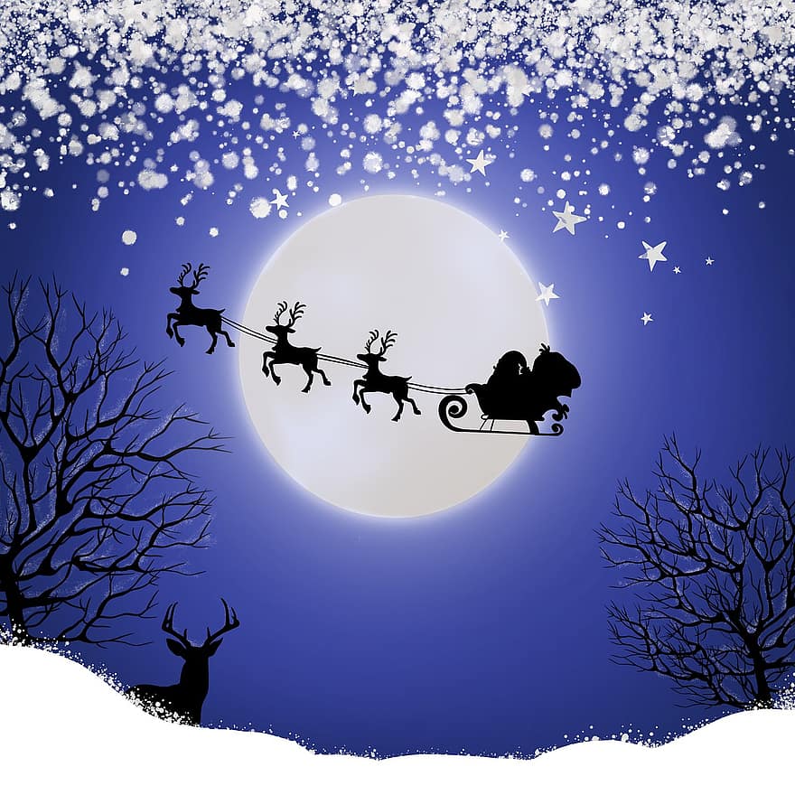 クリスマス、サンタ、冬、ストッキング、月、鹿、夜、挨拶、カード、愛、雪