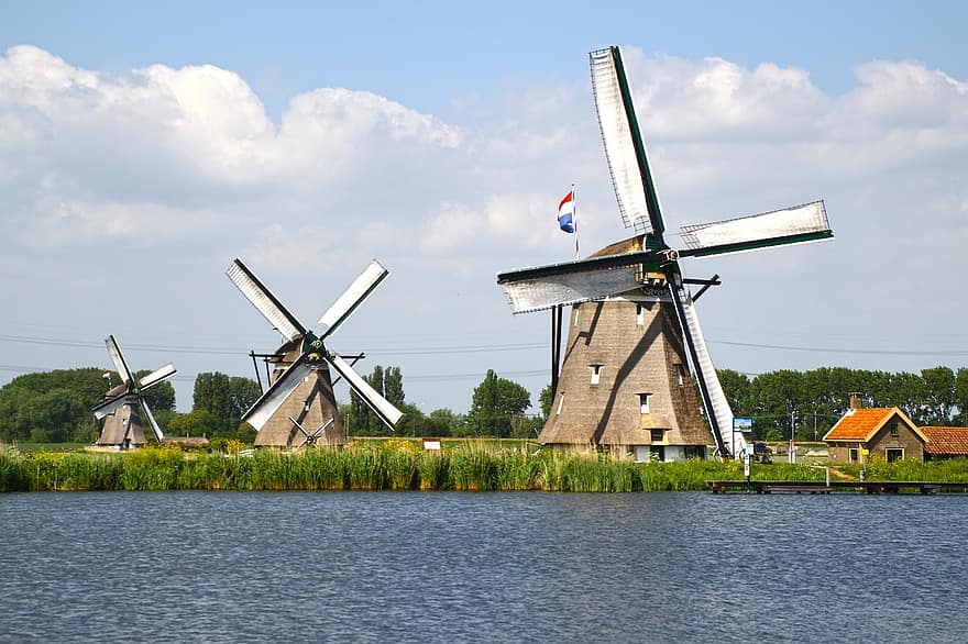 Mills, Mill Square, Seven Houses, Netherlands, Water, Clouds, Trees, Grass, rural scene, windmill, history