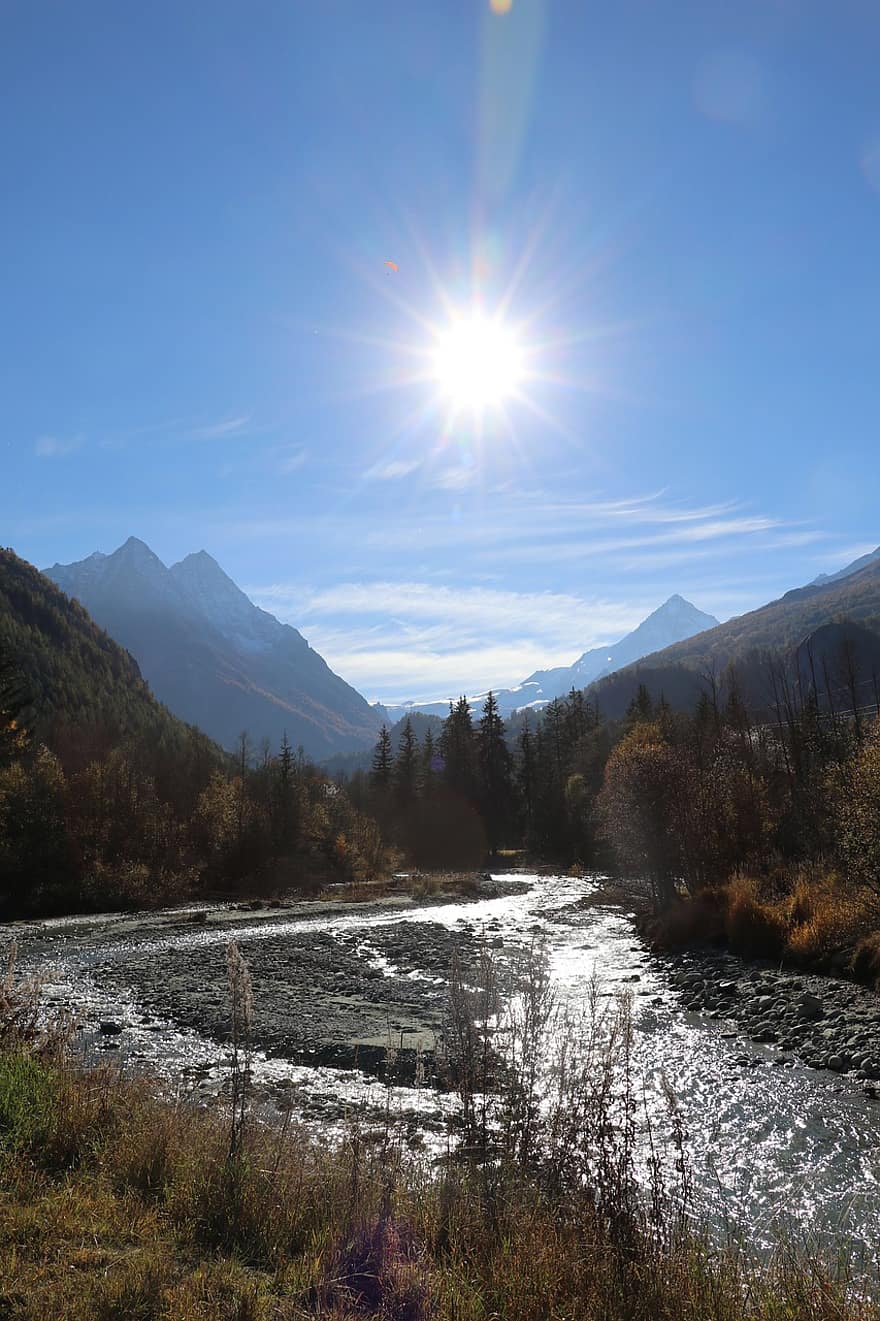 rivière, forêt, les montagnes, la nature, courant, eau, des arbres, Soleil, lumière du soleil, Suisse
