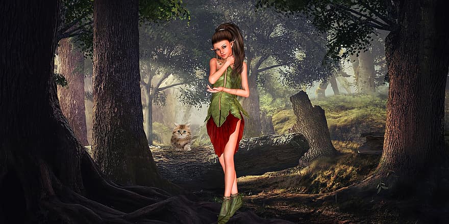 Background, Elf, Woods, Cat, Fantasy, Woman, Female, Avatar, Character, Digital Art