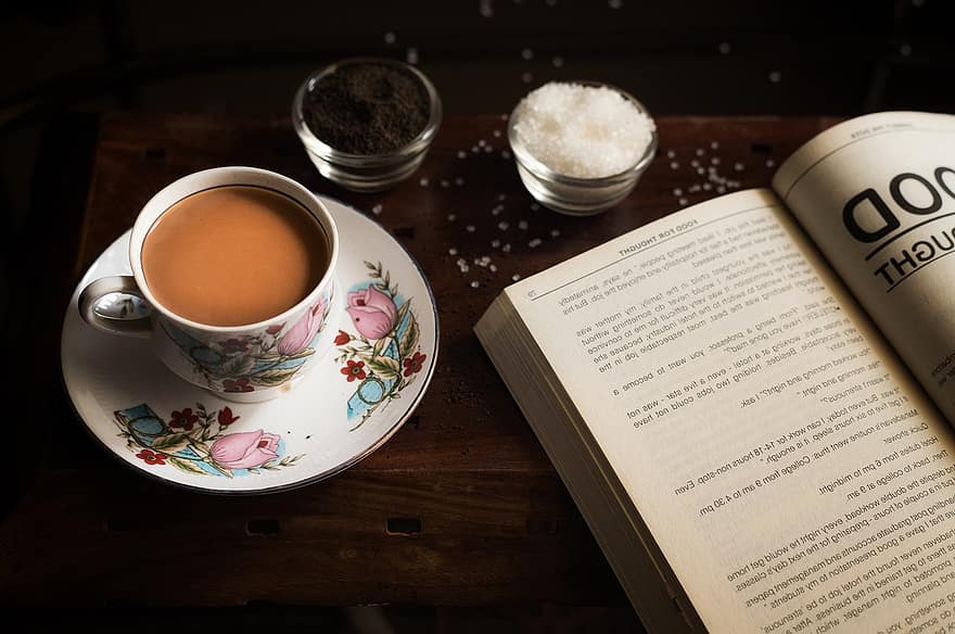 bebida, té, libros, azúcar, café, taza para té, platillo