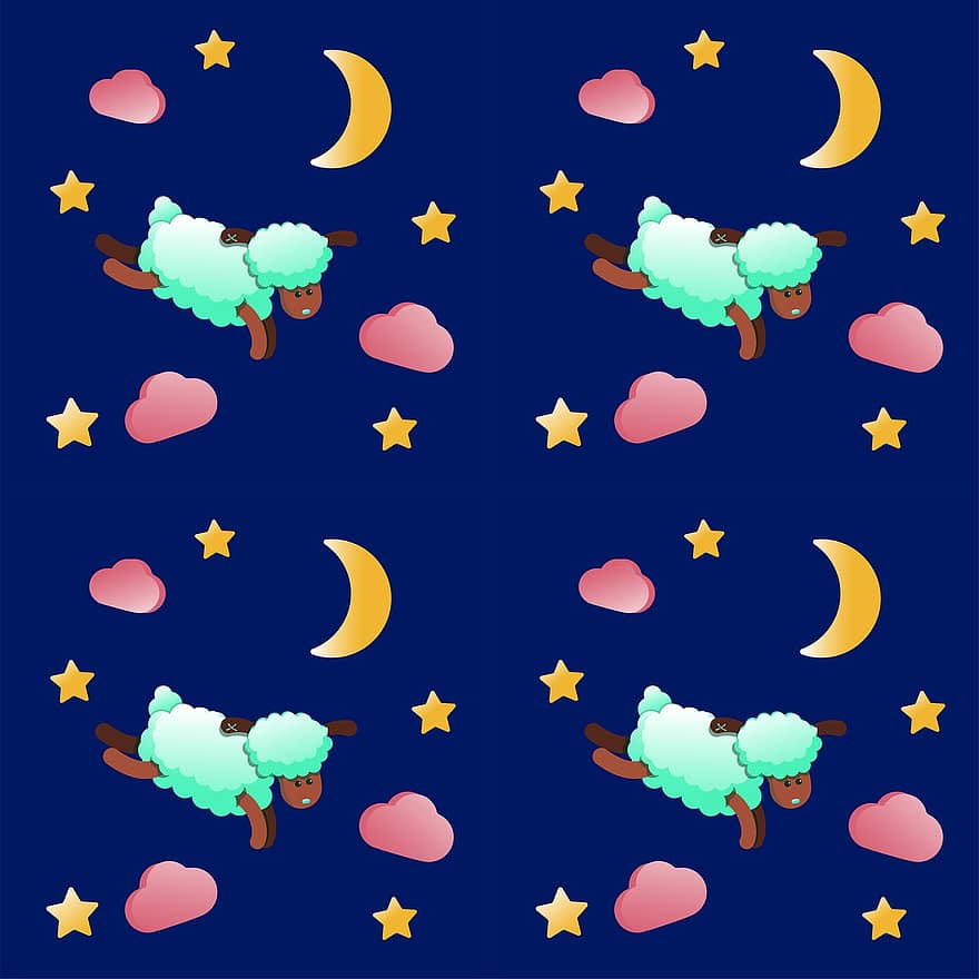 Сонная овца, Звезды и луна, Бирюзовая шерсть, дизайн, пижама, бесшовный, пастельный, обои на стену, животное, милый, мультфильм