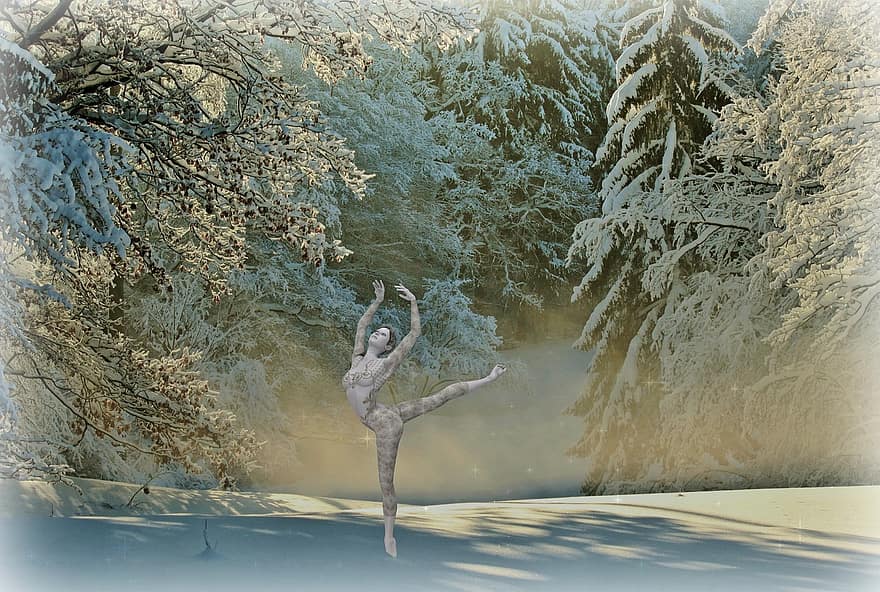 dejotājs, sieviete, ziemā, sniegs, balets, sniega ainava, ziemas, Maģiskais ziemas mežs, sniegains, ziemas burvība, ziemas noskaņojums