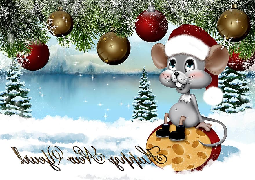 нова година, Коледа, карта, заден план, мишка, смърч, украса, зима, празник, животно, плъх