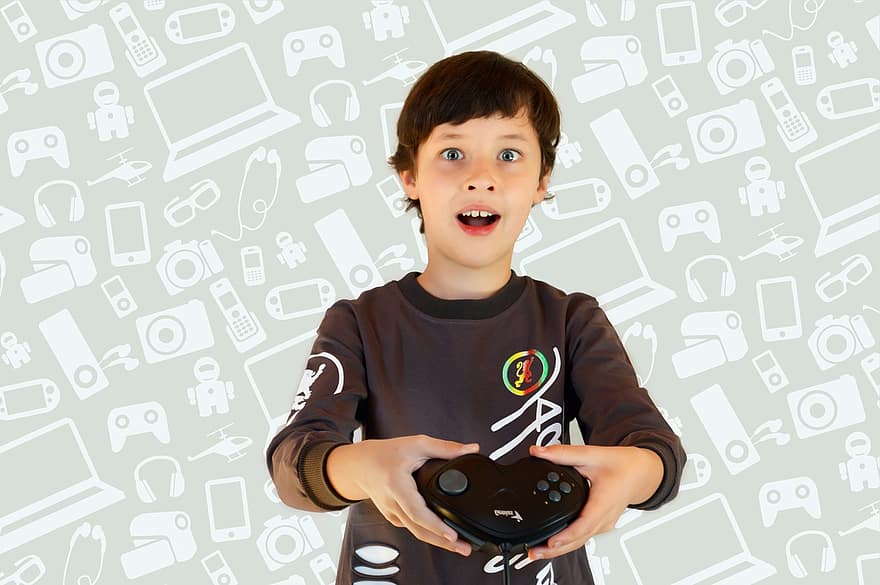 dataspill, kid, styrespaker, spiller, videospill, fornøyelse, underholdning, gutt, liten gutt, leketøy, spille