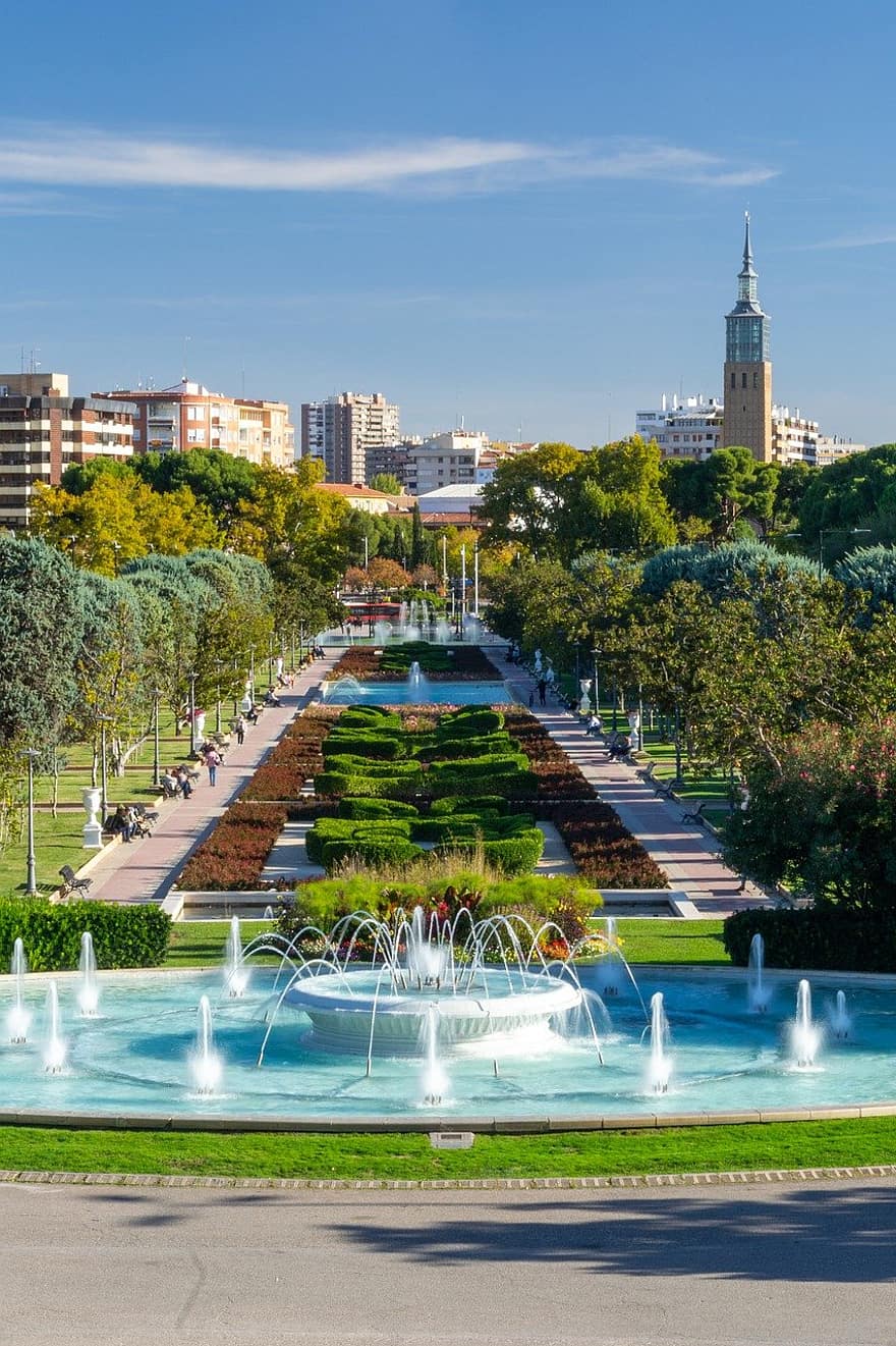 parkere, skog, fontene, hage, by, vann, Zaragoza, Spania, natur
