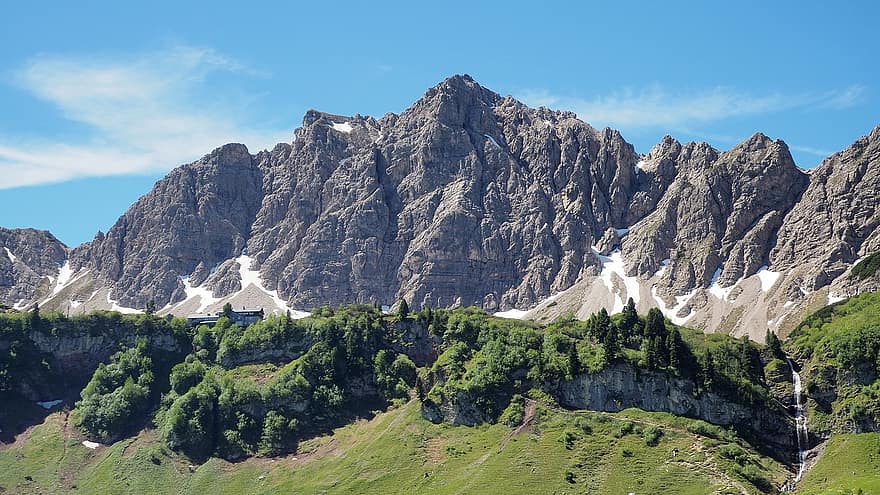 Tannheimer Valley, Tannheim, Mountain, North Tyrol, Alps, mountain peak, landscape, snow, grass, forest, summer