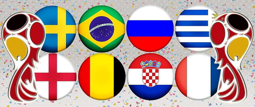 Neljä Tele Lfinaalia, maailman cup 2018, Uruguay, Ranska, Brasilia, Belgia, Ruotsi, Englanti, Venäjä