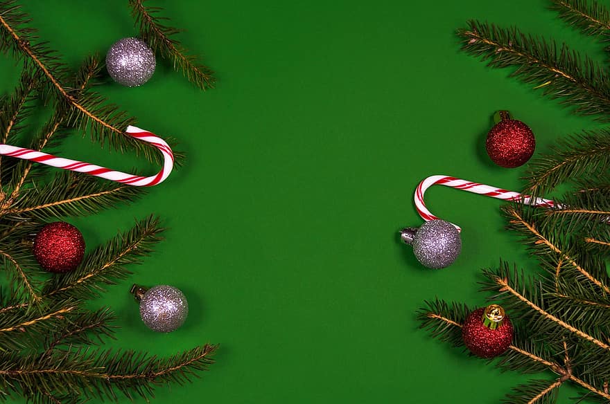 क्रिसमस, नया साल, पृष्ठभूमि, कॉप्सस्पेस, खाली, हरा, कैंडी की बेंत, क्रिसमस baubles, सजावट, देवदार, कॉपी स्पेस