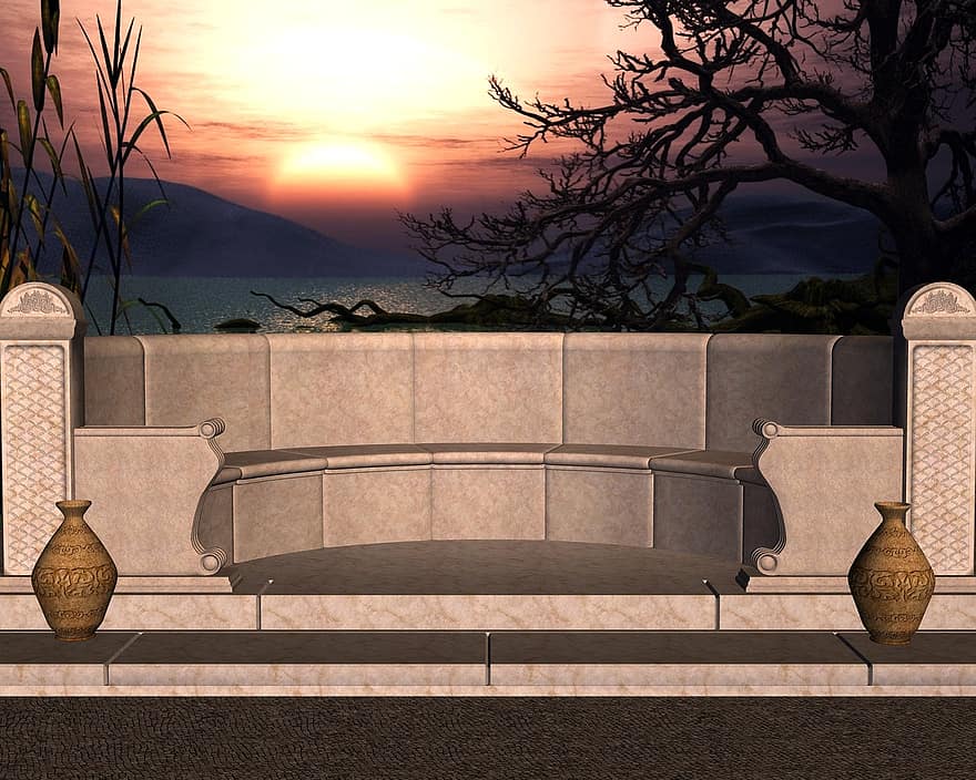 日没、石のベンチ、屋外の、ベンチ、石