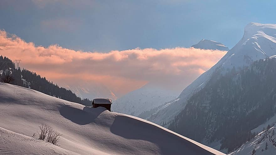 Berge, Winter, Schnee, Hütte