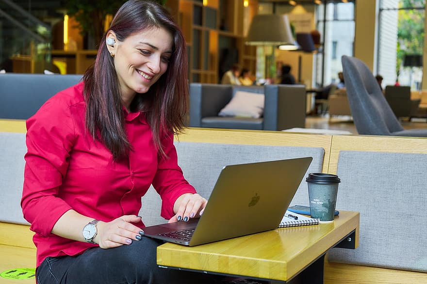 žena, online, laptop, technologie, podnikání, dívka, práce, ženy, pracovní, jedna osoba, sedící