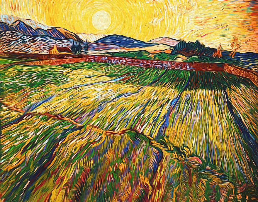 bomen, platteland, schilderij, Vincent van Gogh, kunst, digitaal, post impressionisme, impressionistisch, landschap, fijne kunst, Nederlands