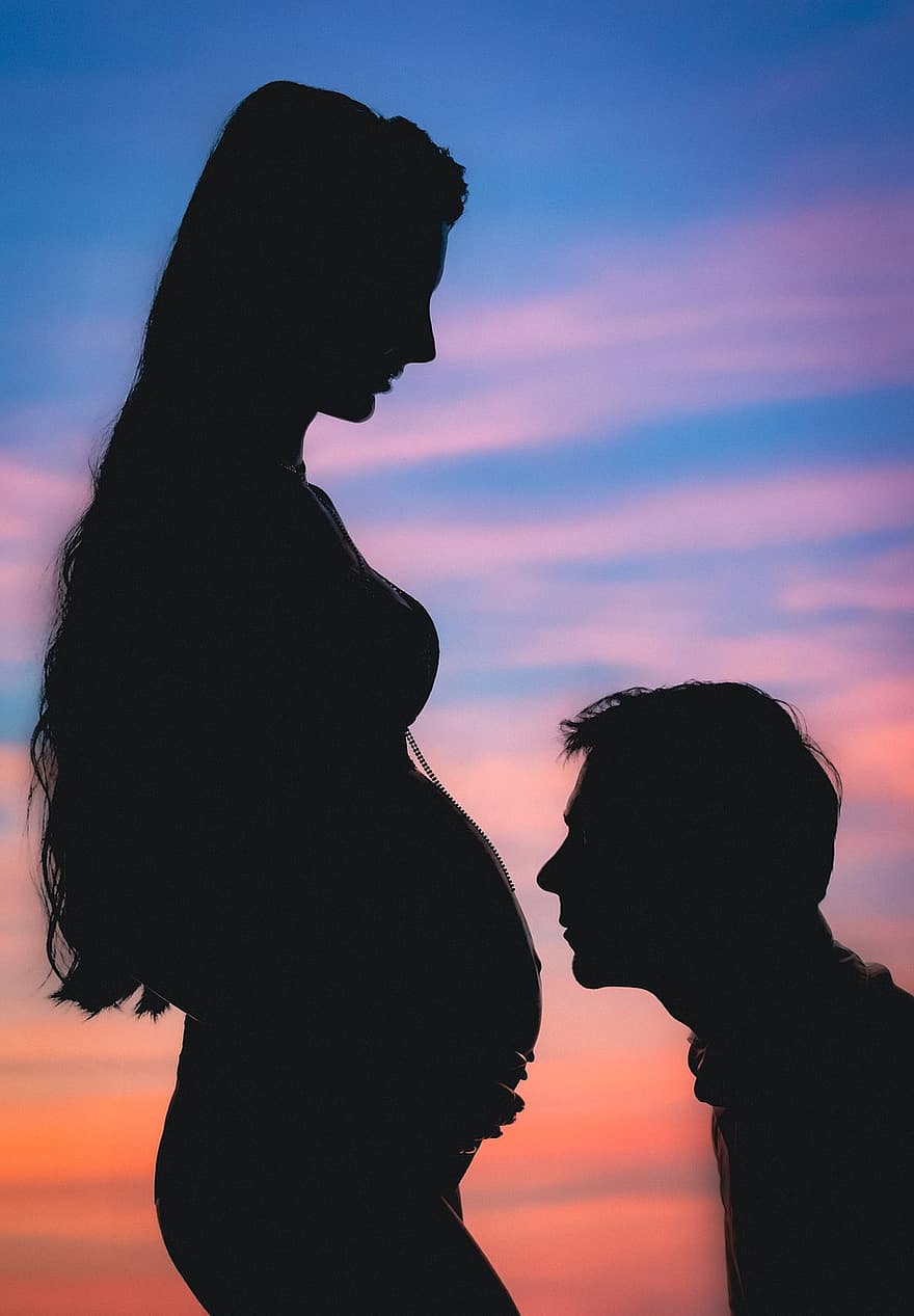 siluetti, pari, raskaus, mies, nainen, auringonlasku, vauva, rakkaus, romanssi, yhteys, luonto