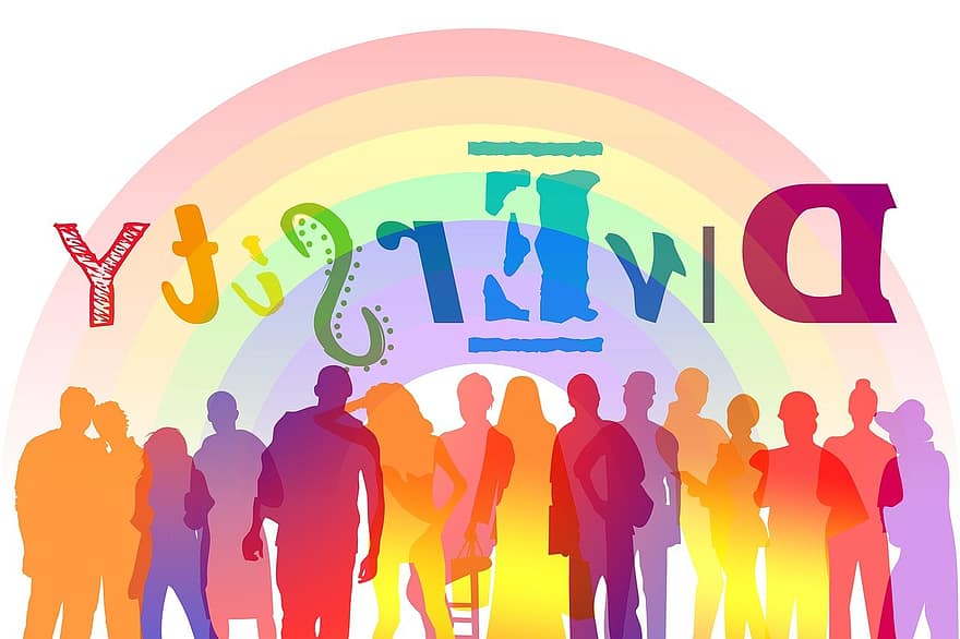 diversidade, silhuetas, arco Iris, comunidade, humano, pessoas, grupo, social, cooperação, juntos, rede