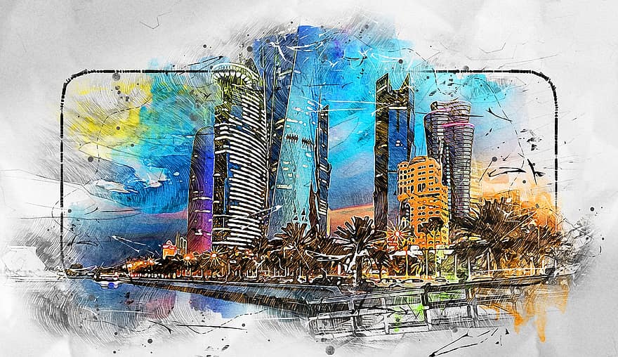 مدينة ، هندسة معمارية ، ناطحات سحاب ، دولة قطر ، البنايات ، بناء ، السفر ، السياحة ، فن ، عمل فني