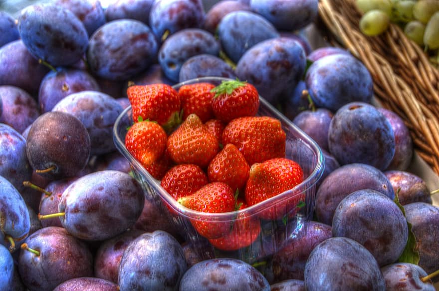 फल, स्ट्रॉबेरीज, खाना, लाल, बेर, विटामिन, लाल मिर्च, आलमारी, सानो, बैंगनी, मिठाई