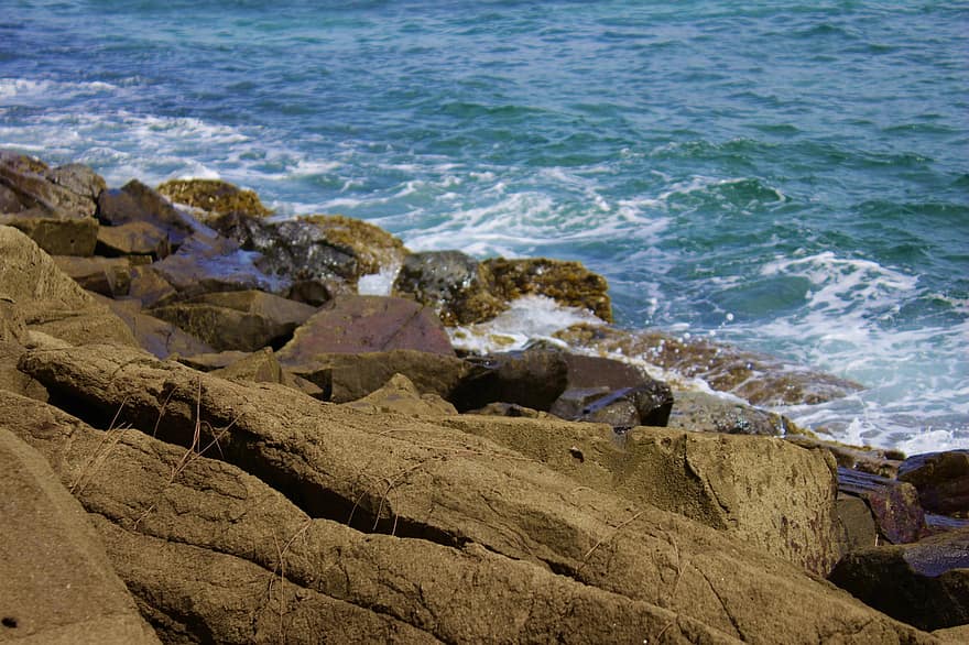 klippig, Strand, hav, grön, strand, kust, naturskön, fredlig, marinmålning, vatten, stenar