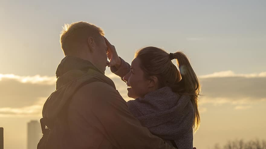 Couple, Sunset, Love, Romance, Touch, Together, Man, Woman, Romantic, Outdoors, Dusk
