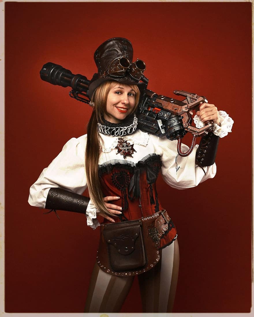 steampunk, jauna sieviete, cosplay, sievietēm, ierocis, viens cilvēks, lielgabals, bruņotie spēki, karš, militāro, pieaugušais