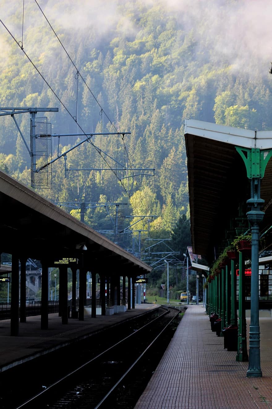 Mountain, Train, Track, Station, Platform