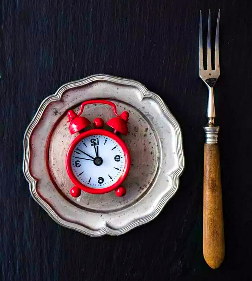 l'horloge, assiette, temps, regarder, flatlay, fourchette