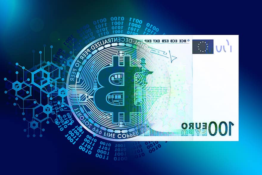 euro, transformatie, digitaal, visualisatie, digitalisering, bitcoin, geld, elektronisch, valuta, internet, overdracht