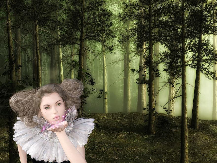 Forest, Fairy Tale, Green, Enchanted Forest, Fantasy, Woman, Girl, Trees, Surreal, Creative, Artistic