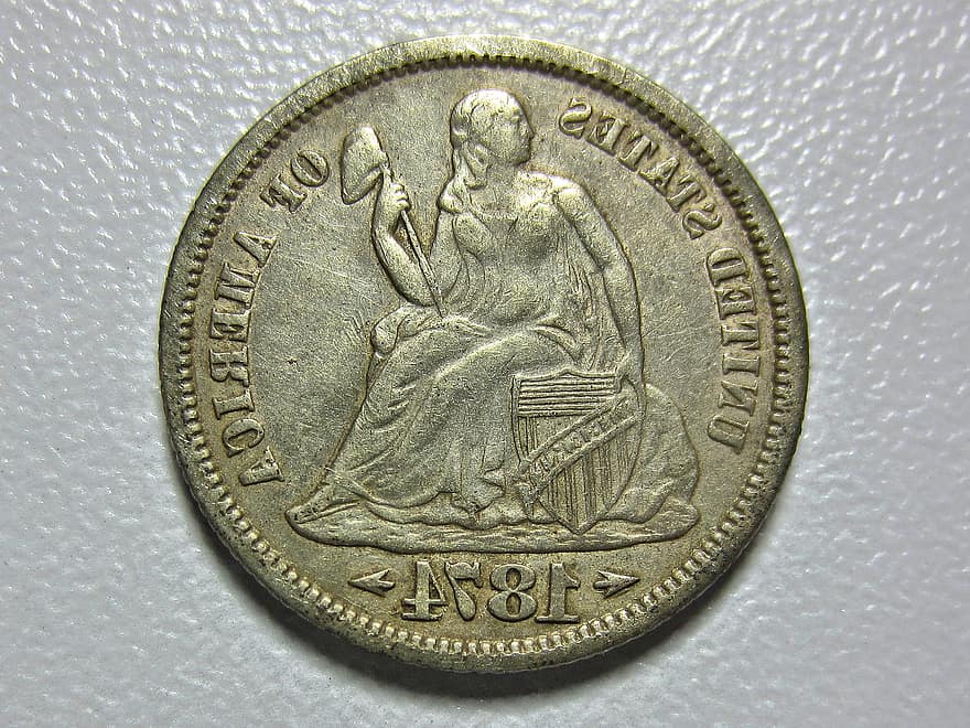 acuñar, dinero, moneda, Moneda de diez centavos de la libertad sentada