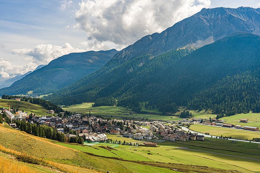 munţi, vale, sat, panoramă, peisaj, peisaj montan, natură, nori, cer, Locul Zuoz, Graubünden