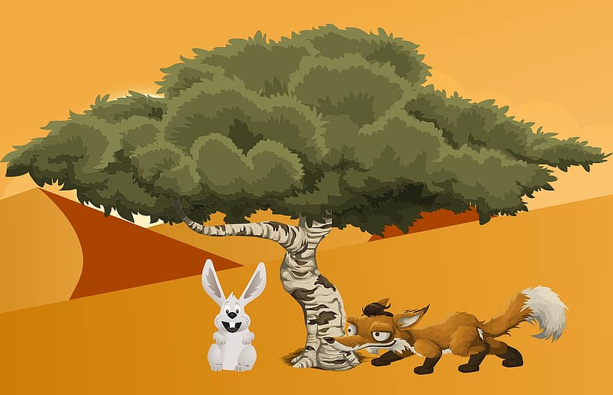 Conejo, zorro, árbol, Desierto, agresor, animales, fauna silvestre, dibujos animados, cazar, zoo, arena