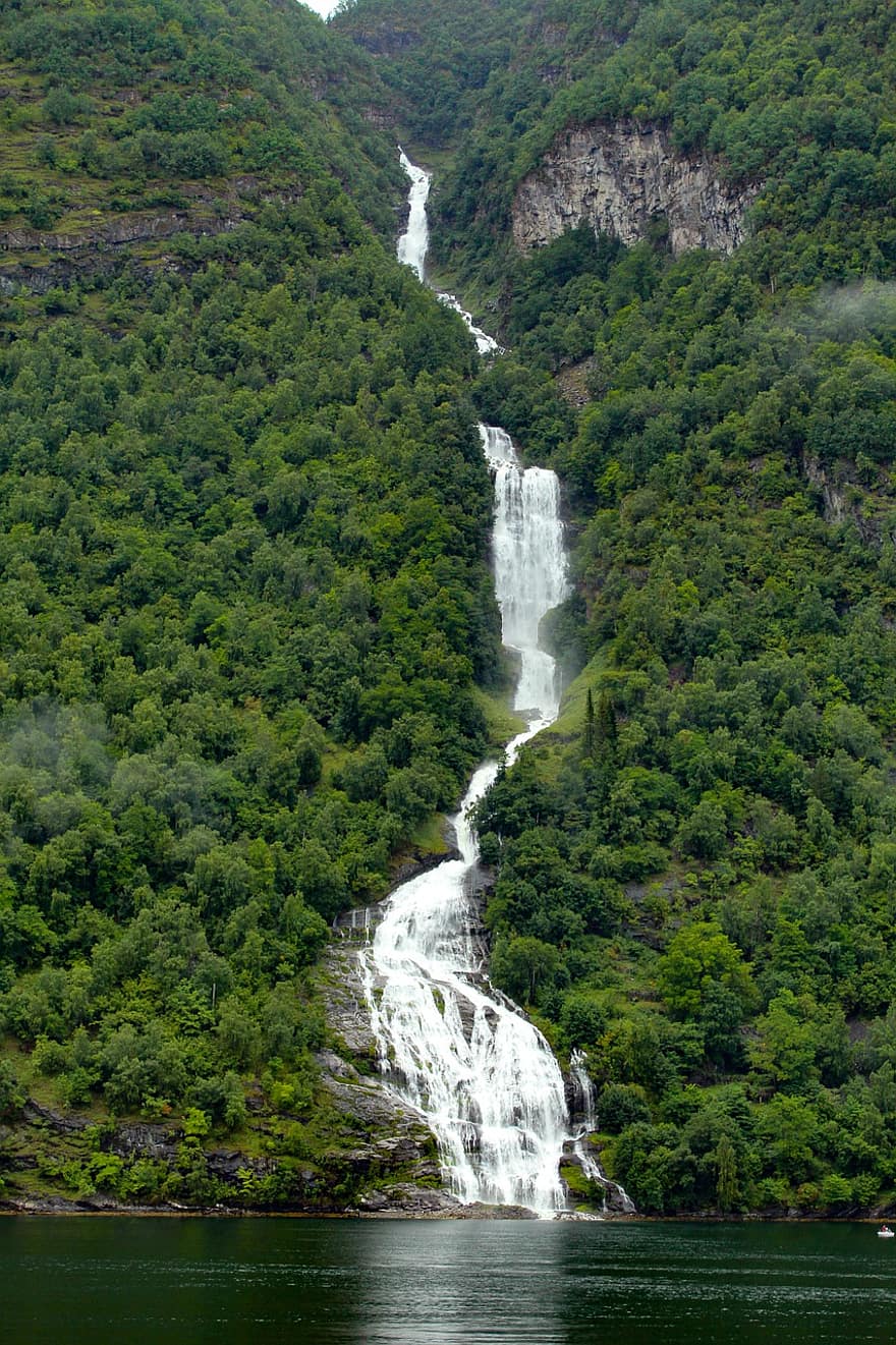 cascada, riu, naturalesa, fiord, aigua, muntanya, paisatge, camp, geirangerfjord, escandinavia
