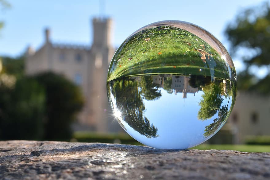 esfera de vidro, bola de lente, castelo, panorama, arquitetura, cor verde, esfera, verão, árvore, lugar famoso, agua