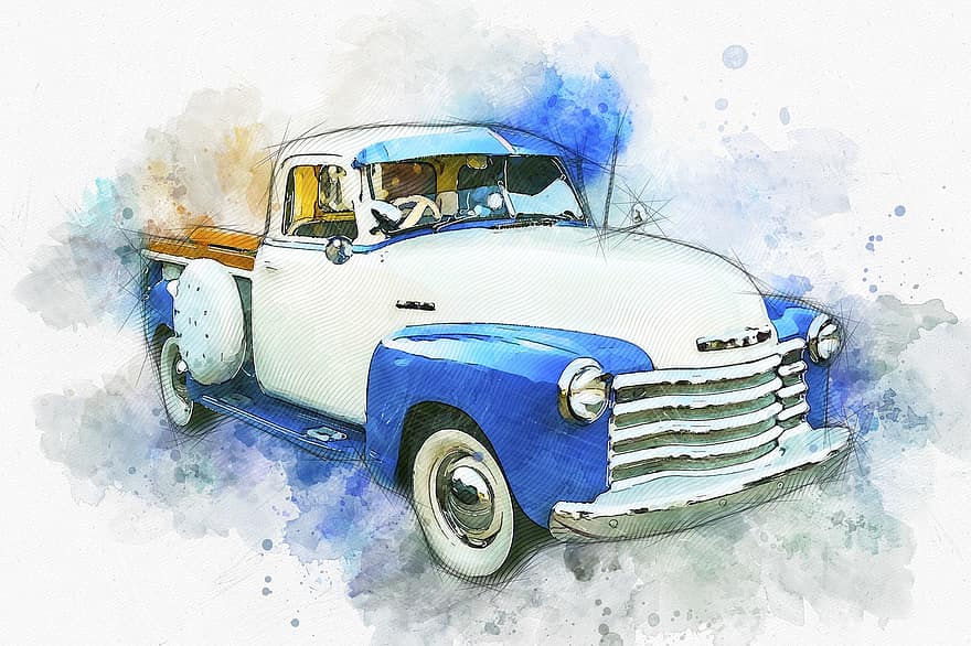 Truck, Car, Vehicle, Automobile, Old, Vintage, Antique, Painting