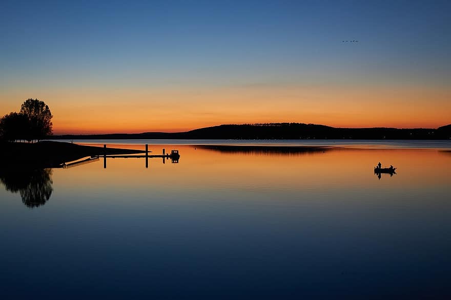 sunset, fishing boat, lake, dusk, water, sunrise, dawn, summer, sunlight, landscape, sun