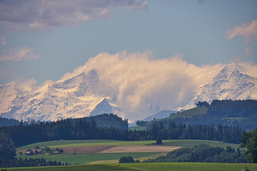 alpin, foten av alperna, bergen, snö, schweiz, landskap, panorama, bavaria, himmel, moln, vandring