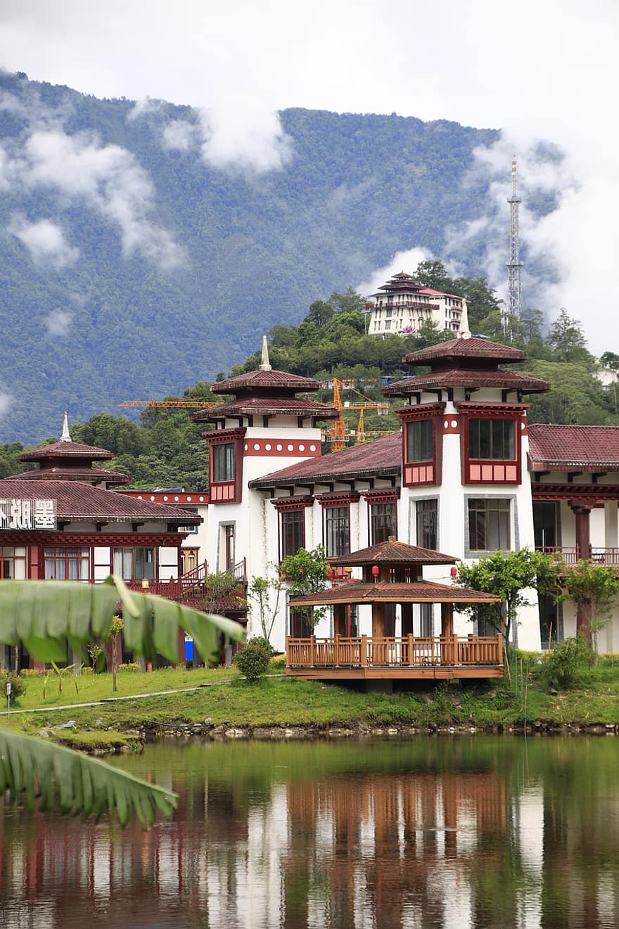 tibet, by, innsjø, bygninger, hus, høyde, refleksjon, vann, skyer