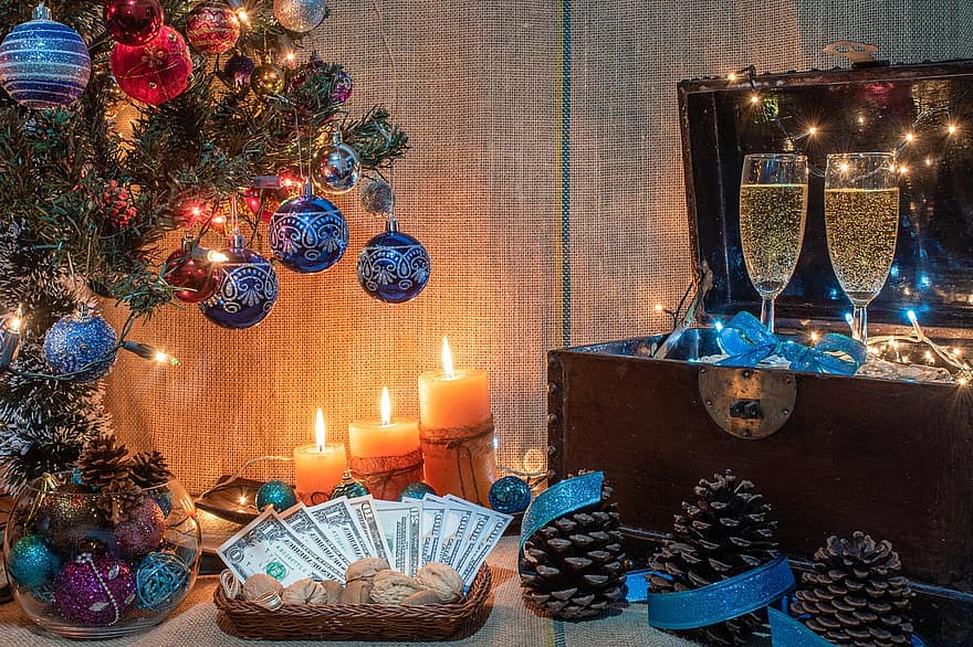 Kalėdos, šventė, sezoną, apdaila, dolerių, gerovę, gausa, šviesos, žvakės, riešutai, skrudinta duona