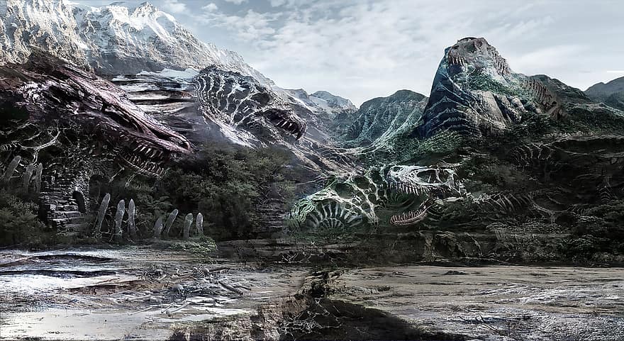 achtergrond, dinosaurus, skelet, prehistorisch, Jura, uitgestorven, berg-, winter, sneeuw, landschap, fantasie