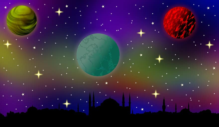 планет, зірок, простору, полярне сяйво, галактика, ніч, небо, собор Святої Софії, мечеть