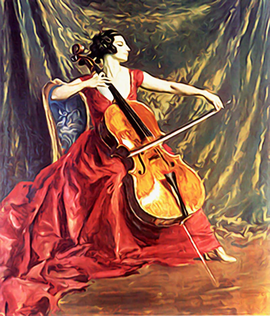 バイオリン、音楽、女性演奏ヴァイオリン、ペインティング、ブルネット、ミュージカル、楽器、古典的な、クラッシック、チェロ、音符