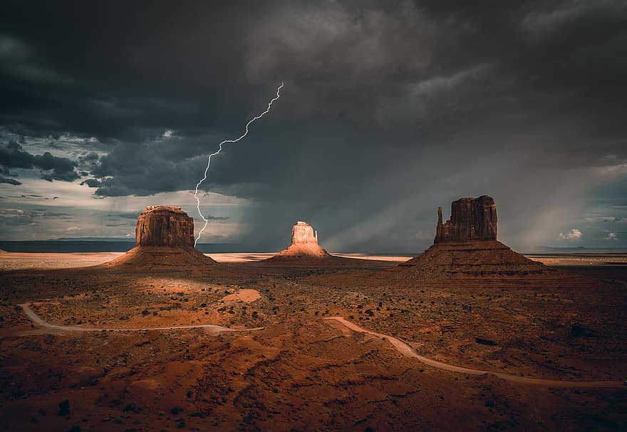 κοιλάδα, αστραπή, έρημος, καταιγίδα, φύση, κοιλάδα του μνημείου, τοπίο, αμμόπετρα, άμμος, navajo, βράχος