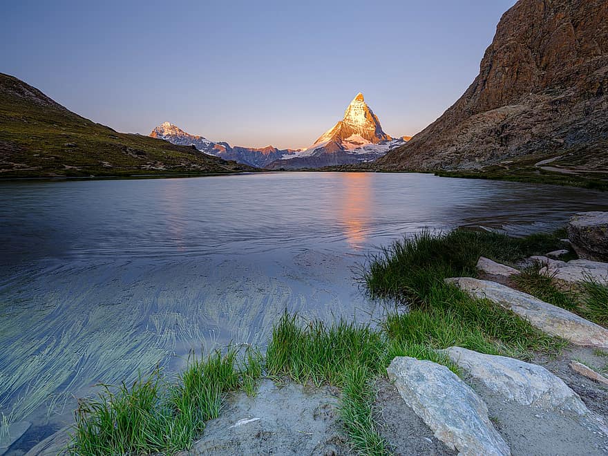 munţi, răsărit, apus de soare, lac, reflecţie, natură, Matterhorn, Elveţia, Riffelsee