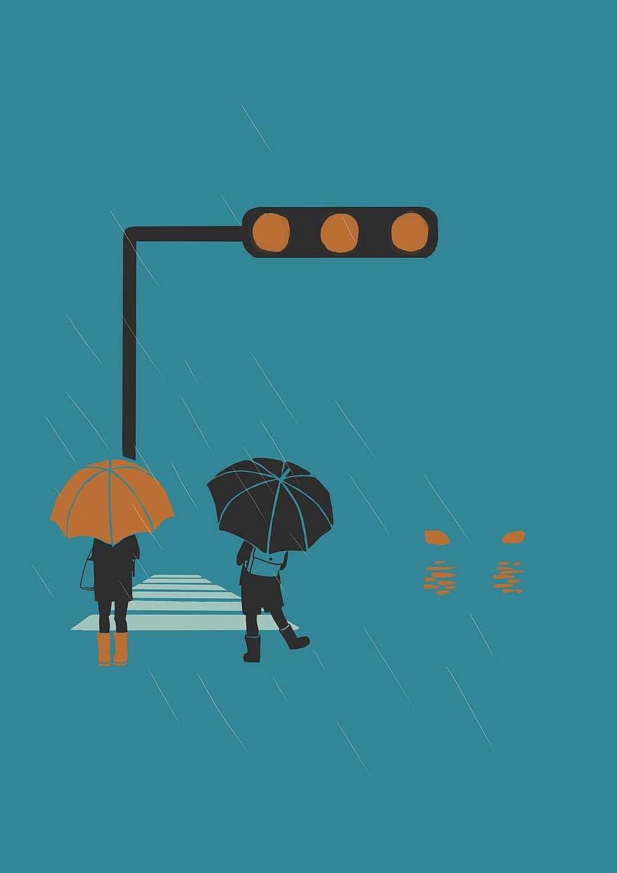 deszcz, dziecko, Droga, kolor, Rysowanie kreskówek, przejście dla pieszych, student, transport, parasol, Miasto, ulica