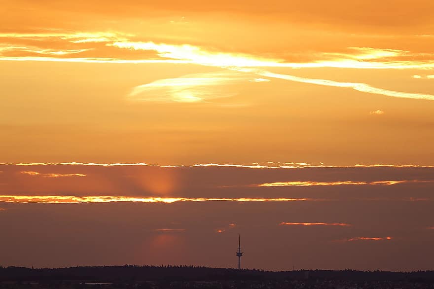gün batımı, Schönbuchdır, abendstimmung, televizyon kulesi, gökyüzü, bulutlar, atmosferik
